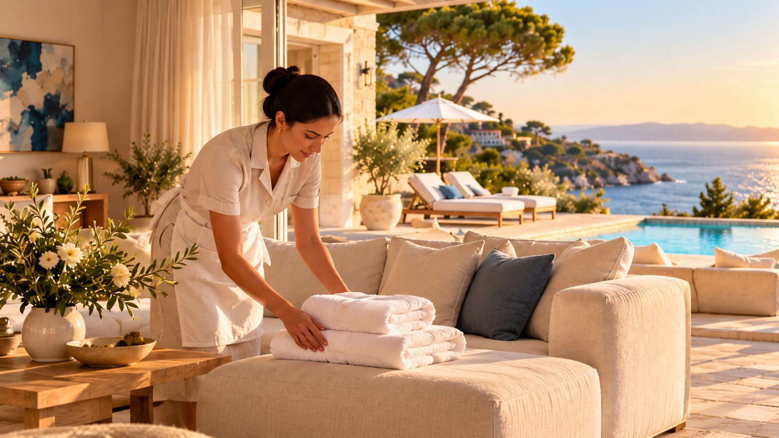 Linge de toilette déposé dans le salon d’une villa ouverte sur la piscine et la mer